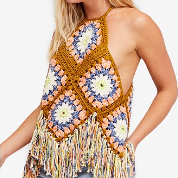 Free People Mustard Multi Crochet Fringe top - Picture 4 of 6